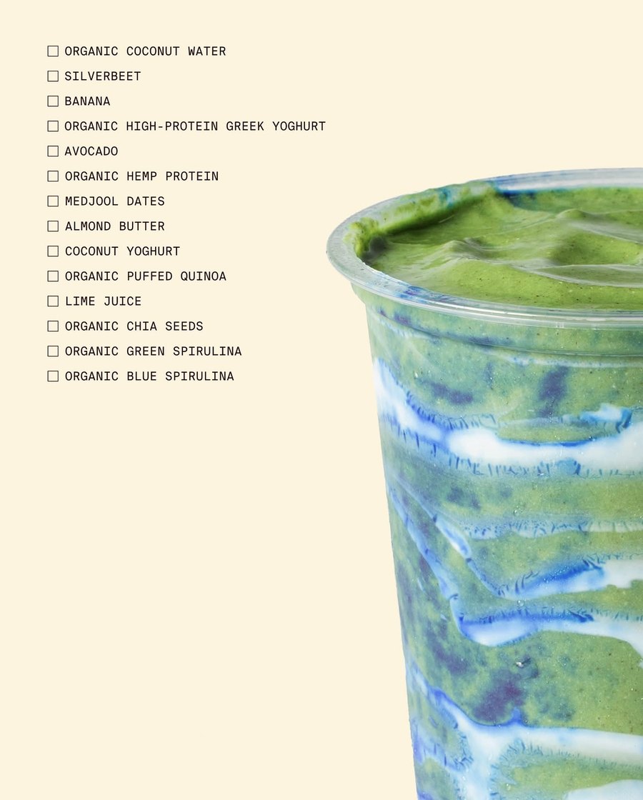 Carousel slide: the Daphne’s ingredient checklist beside the smoothie.