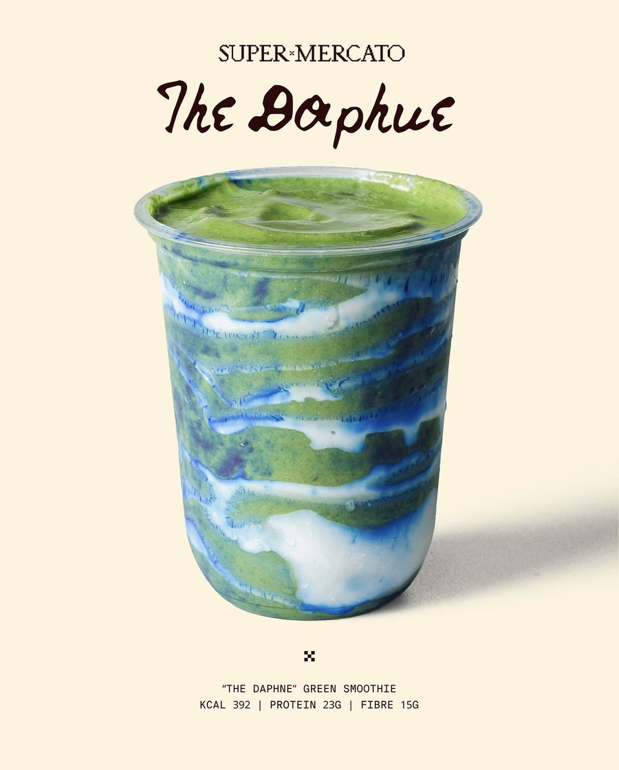 Carousel cover: Super Mercato’s “The Daphne” green smoothie, KCAL 392, protein 23g, fibre 15g.