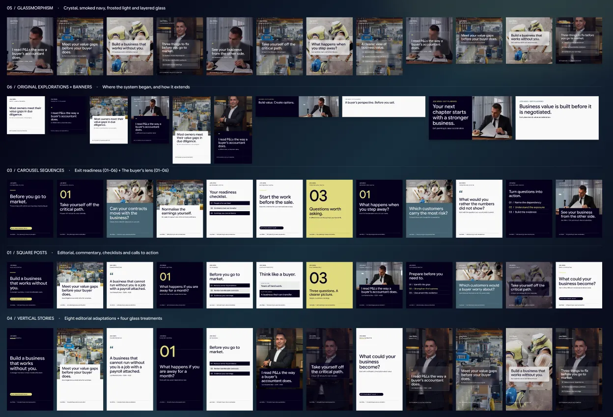 Overview of LinkedIn template concepts based on an existing client's website design.