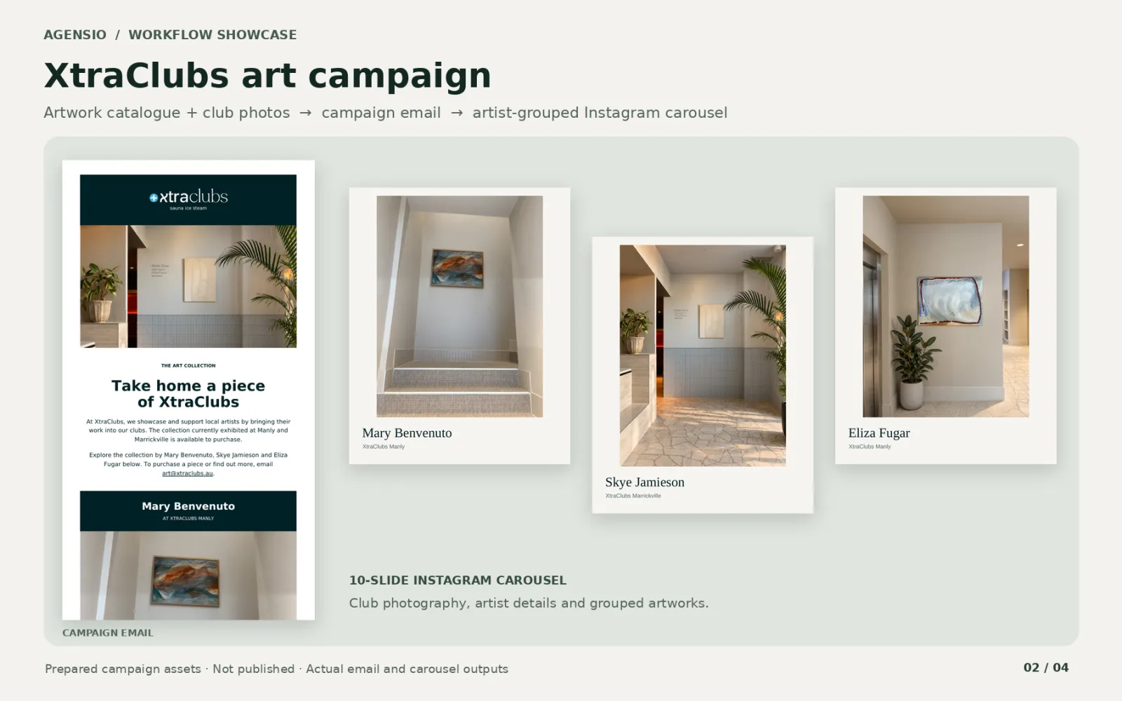 Prepared XtraClubs art campaign email and artist-grouped carousel previews; not published.