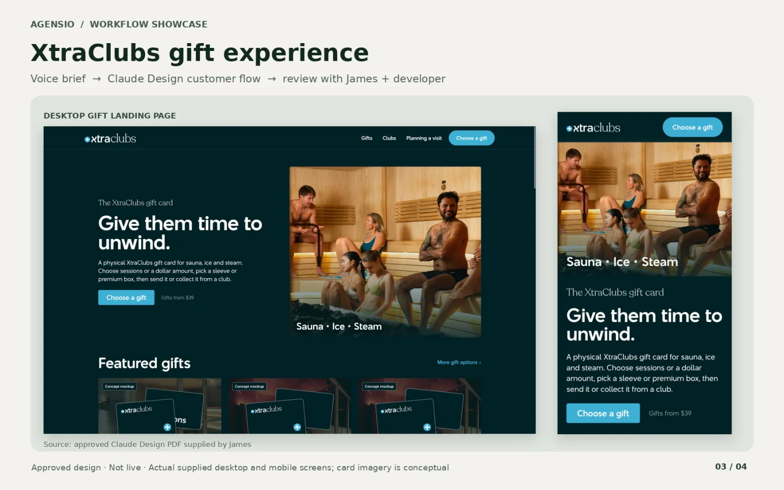 Approved XtraClubs gift experience design shown on desktop and mobile; not live, with conceptual card imagery.