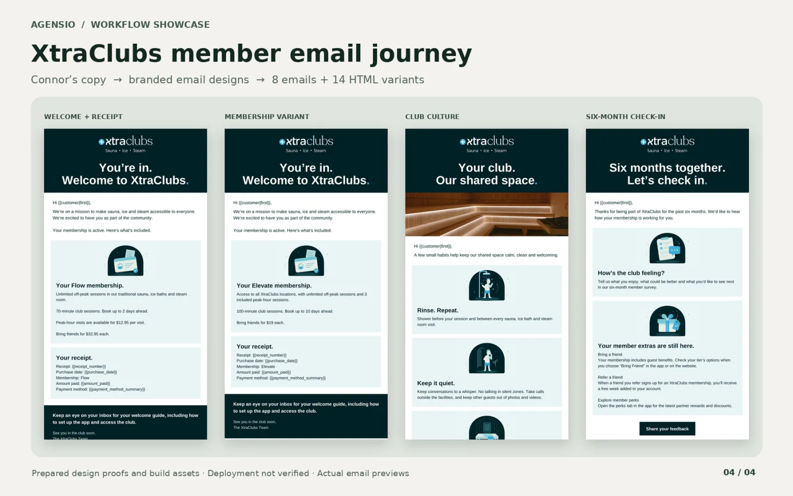 XtraClubs member email design previews with template placeholders; deployment not verified.