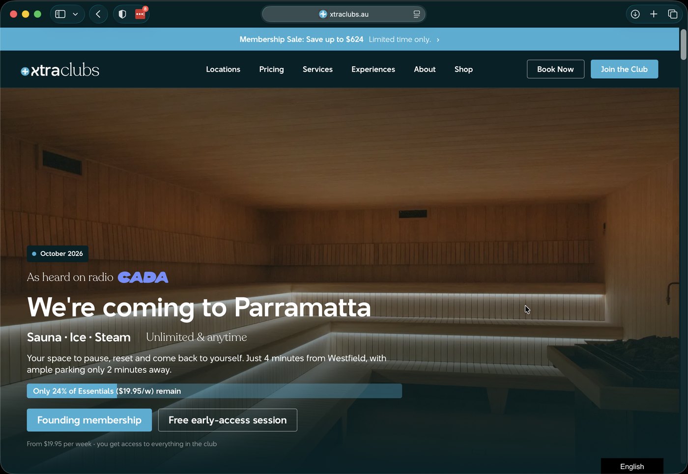 The XtraClubs /radio landing page: “As heard on radio. We’re coming to Parramatta”, with founding membership and free early-access session buttons.