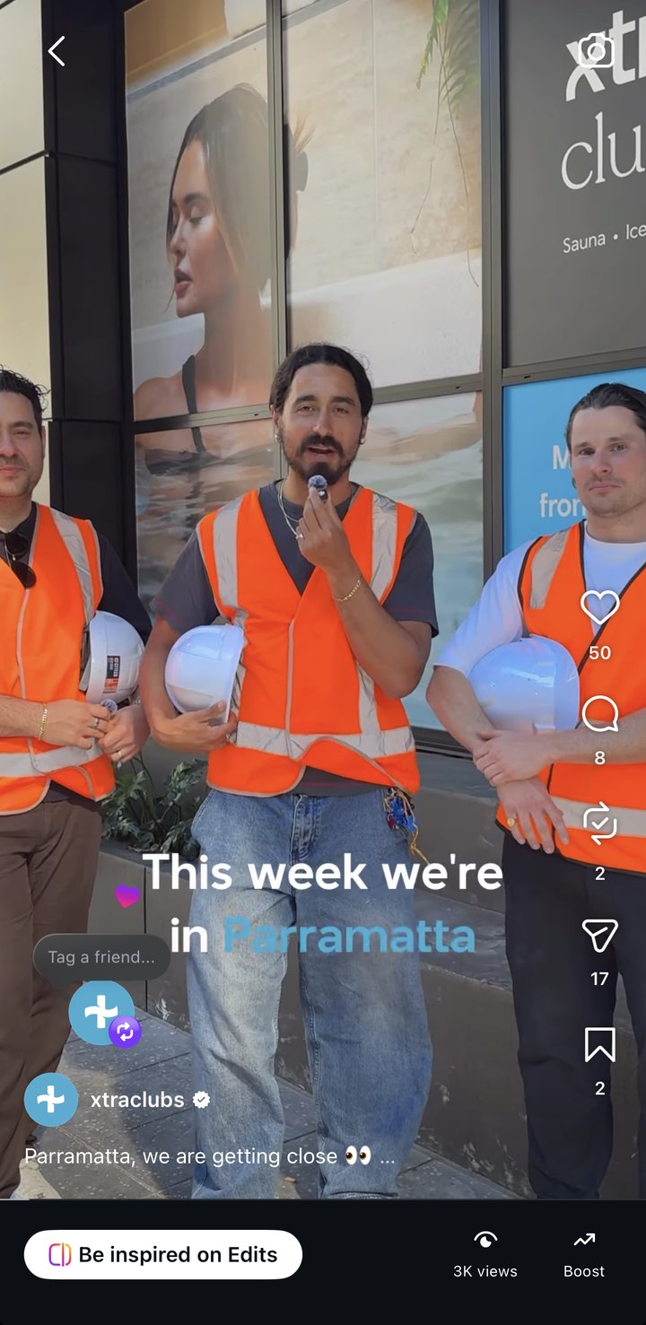 The XtraClubs Instagram reel, live: three team members in hi-vis outside the Parramatta club, captioned “This week we’re in Parramatta”.